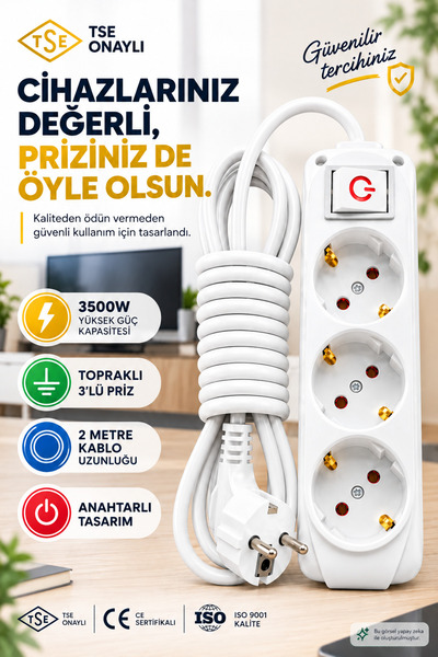 bydiz 3'lü Priz Anahtarlı 2 Metre Topraklı Grup Priz 3500W Uzatma Kablosu Sey...