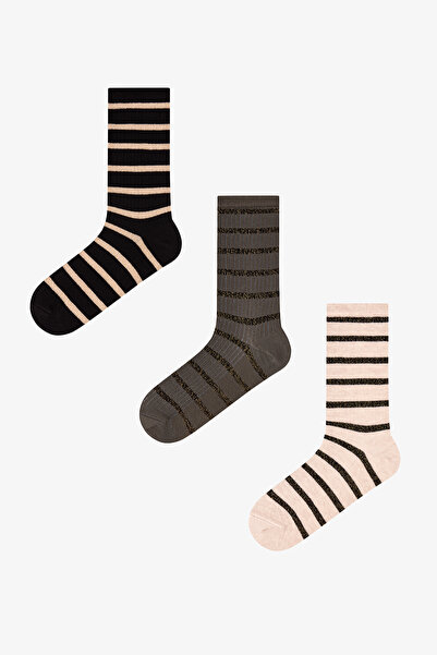 Penti Khaki Striped Shiny Line Cotton Glitter 3 Pairs of Socks