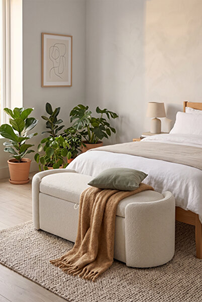 Eymense Nola Modern Depolama Alanlı Bench Puf Beyaz