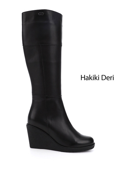 GÖNDERİ(R) Kadın Siyah Fermuarlı Dolgu Topuklu Hakiki Deri Çizme