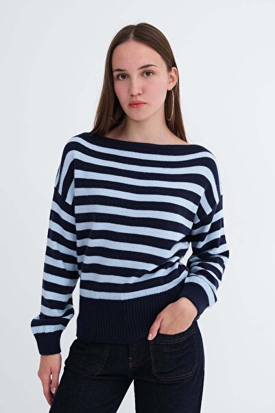Addax Boat Neck Striped Knit Sweater K3525