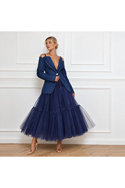 INDRESS STUDIO Kadın Tasarım Lacivert Renk 95 cm Tül Etek