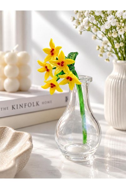 ADAMODART Sarı Melisa Çiçeği El yapımı Dekoratif Cam Biblo Mini Vazolu