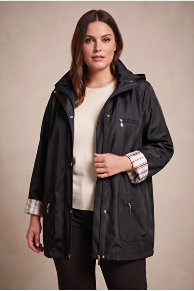 RMG Large Size Black Trench Coat with Inner Lining and Plaid Detail