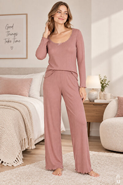 koza iç giyim Kadın Fitilli Desenli Dantel Detaylı Uzun Kollu Pijama Takımı
