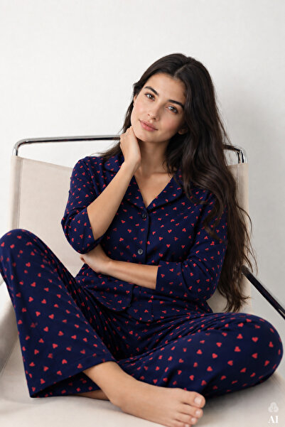 koza iç giyim Kadın Lacivert Kırmızı Kalpli Desenli Pamuklu Düğmeli Pijama Takımı