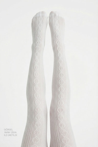 Penti Girl's White Pretty Daisy Patterned Fishnet Pantyhose