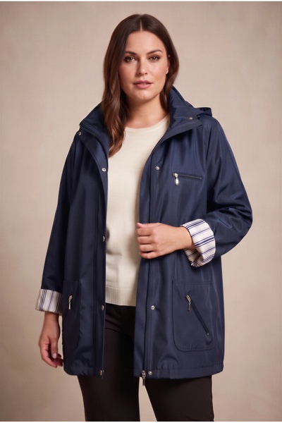 RMG Large Size Navy Blue Trench Coat with Inner Lining Plaid Detail