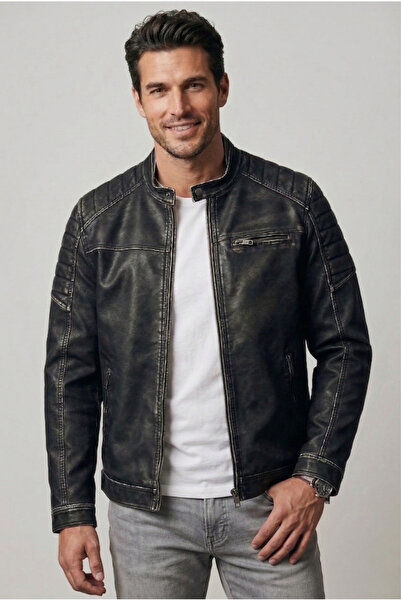 Jack & Jones Jjewarner Jacket Noos Siyah Erkek Deri Ceket Eskitme Taşlanmış