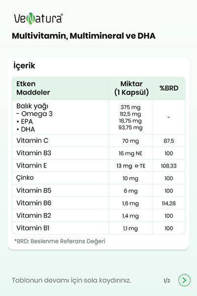 VeNatura Multivitamin, Multimineral ve DHA 30 Kapsül