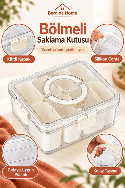 Berdina Home 8 Bölmeli Kapaklı Kilit Taşınabilir Saklama Kabı Kahvaltılık Organizer Piknik Seti Gıda Kutusu