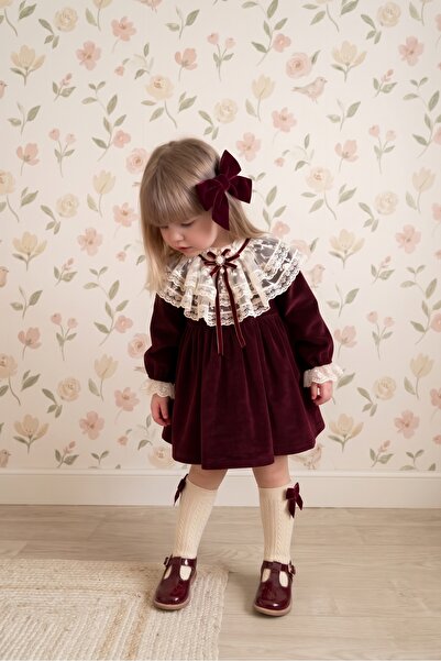 Momercy Madalyon Detaylı Dantel Yakalı Kız Bebek Bordo Kadife Vintage Elbise