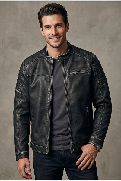 Jack & Jones Erkek Jj&j Suya Dayanıklı PU Deri Biker Ceket Siyah