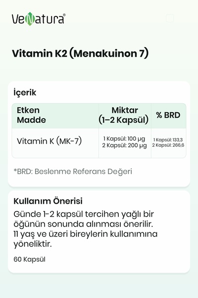VeNatura Vitamin K2 (Menakuinon 7) 100Mcg 60 Capsules