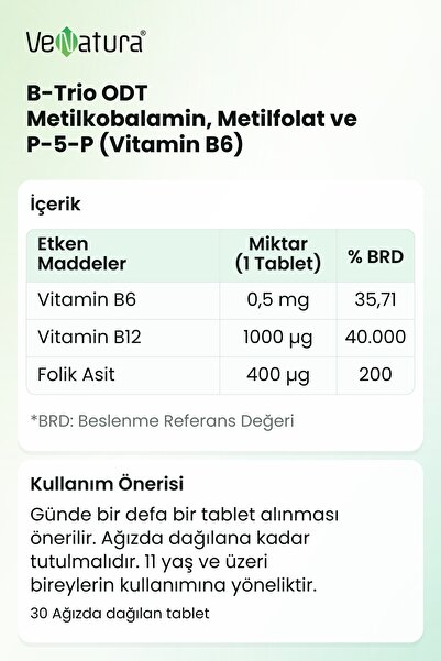 VeNatura B-trio Odt Metilkobalamin, Metilfolat Ve P-5-p (vitamin B6) Takviye ...
