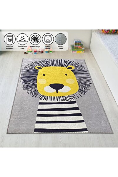 Carpettex Çocuk Bebek Halısı Sevimli Aslan desenli Gri Halı Yıkanabilir Kaymaz Taban