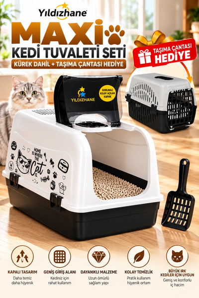 Yıldızhane Kapalı Maxi Kedi Tuvalet Kabı Üsten Açılır + Taşıma Kabı Ve Kürek
