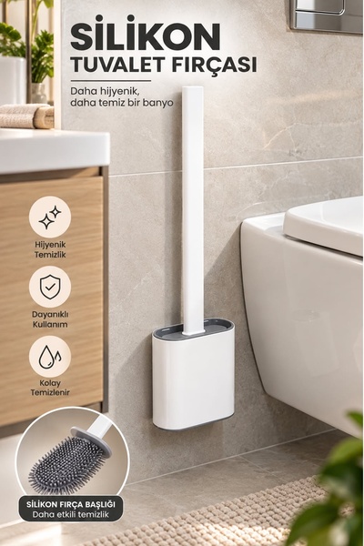 İndirimKap Silikon Banyo Tuvalet Klozet Temizleme Fırçası Ve Tutucu Set Beyaz