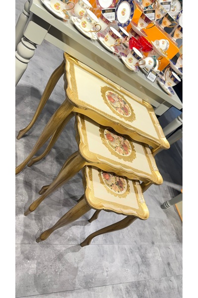 Handmade ESTERHOMEDECOR Orijinal İtalyan Gül ağacı 3’lü sehpa zigon ahşap sehpa