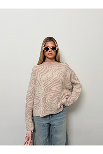 LEA Women's Pink Star Patterned Oversize Crew Neck Knitwear Sweater