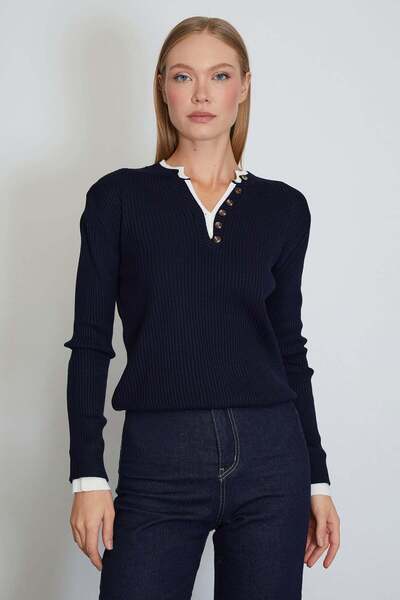 Fulla Moda Collar and Sleeve Embellished Buttoned Knit Sweater