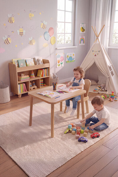 Bee Smart Safir Meşe Naturel Aktivite Masası 1 Sandalyeli Çocuk Masa Sandalye...