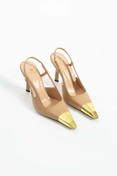 FOLLİNİ Women's Genuine Leather Classic Heeled Shoes Beige