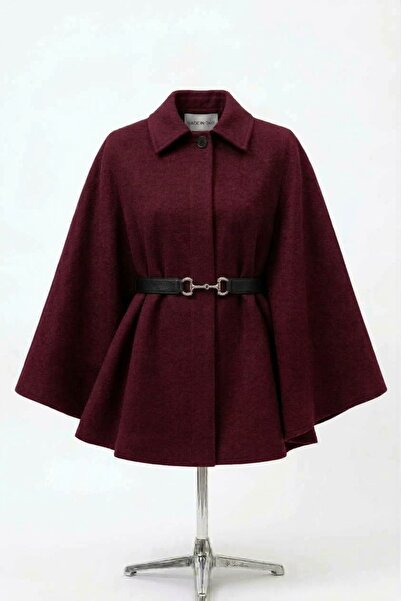 miremiran Tesettür panço pelerin boy 77cm gümüş kelebek toka siyah kemer BORDO