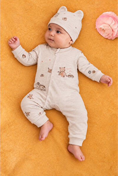 Rocha Baby Rocha Bebek Racer Bear Baskılı Fermuarlı Tulum ve Şapka Seti - Pam...