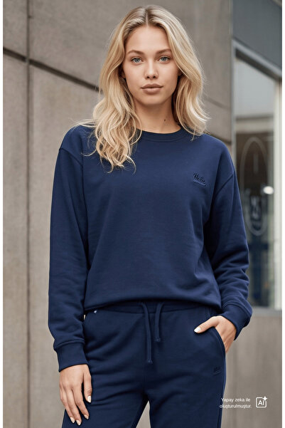 UCLA SUNNIVA Lacivert Bisiklet Yaka Nakışlı Loose Fit Kadın Sweatshirt