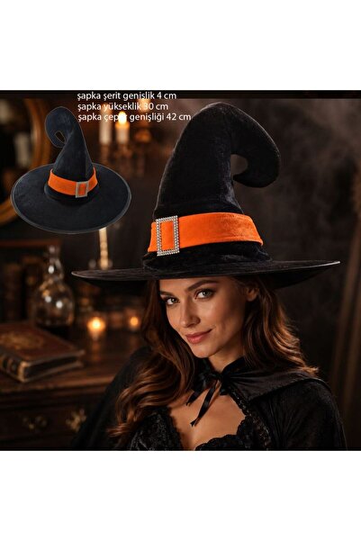 partidolu Halloween Siyah Renk Kadife Cadı Şapkası Yetişkin Turuncu Şeritli 1...