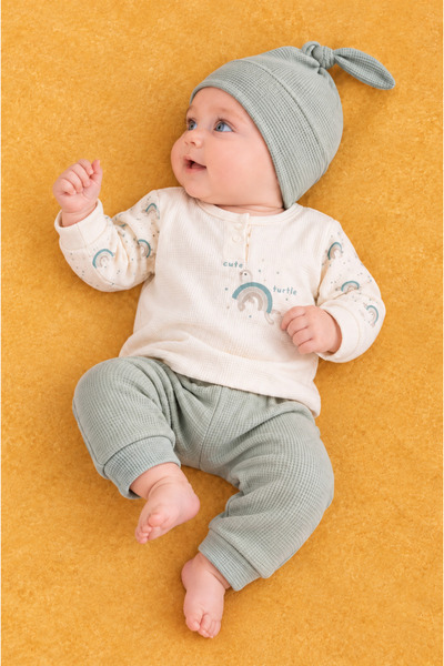 Rocha Baby طقم روكا بيبي وافل منقوش بنمط السلحفاة مكون من 3 قطع، طقم قميص بأز...