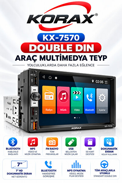 Korax KX-7570 Double Din Dokunmatik Ekran Araç Multimedya Teyp - Bluetooth, M...