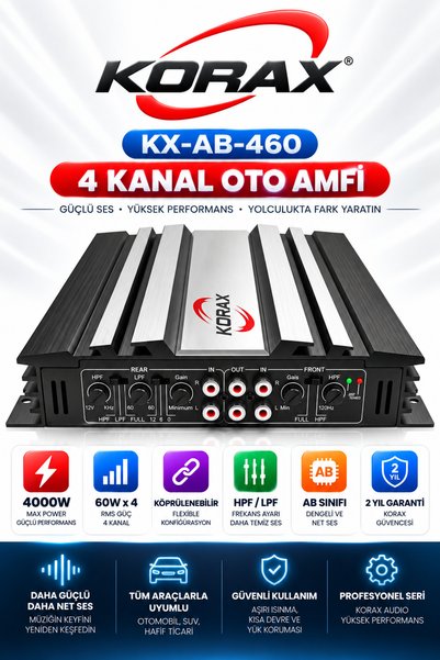 Korax KX-AB-460 4 Kanal Oto Amfi - 4000W Max, 60Wx4 RMS, Köprülenebilir AB Sınıfı Araç Amplifikatörü, 2 Yıl Garanti