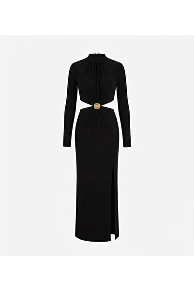 Wishstyling Gold Bel Dekolte Detaylı Yırtmaclı Midi Siyah Şık Elbise