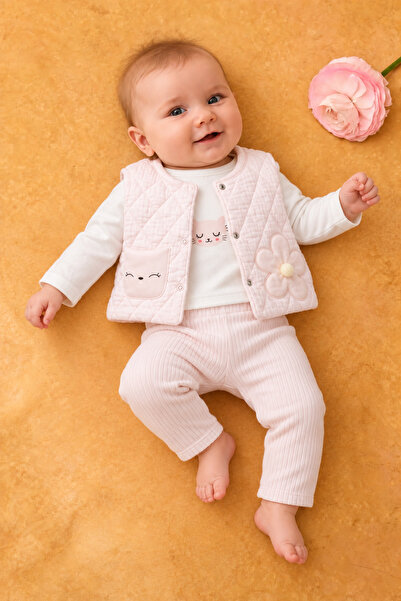 Rocha Baby طقم روشّا للفتيات الصغيرات مكون من 3 قطع بتفاصيل زهور وقطط - طقم ق...