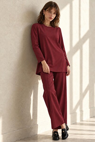 AFVENTE Aden Women's Modal Two-Piece Suit with Elastic Waist and Pants, Burgundy