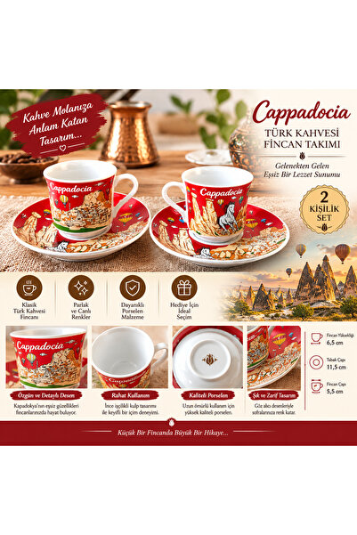 kapadokyahediyelik طقم قهوة مزدوج من البورسلين بطابع كابادوكيا
