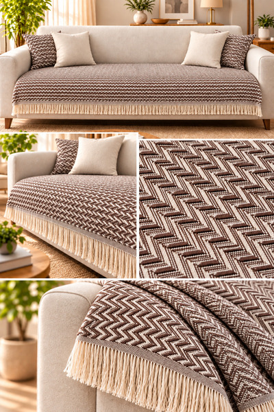SEVMİŞ HOME %100 Pamuk Kaymaz Koltuk Örtüsü 90x200 cm Saçaklı Dokuma Koltuk Şalı