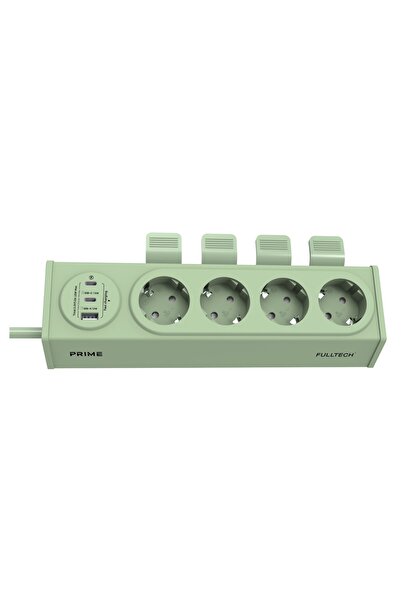 Enshall 4’lü Fulltech FTR-36 Akım Korumalı Priz, 2x USB-C + 1x USB-A, 15W Hızlı Şarj, 350J Darbe Koruması, 3680W / 16A, 2 Metre Kablolu Çoklu Priz