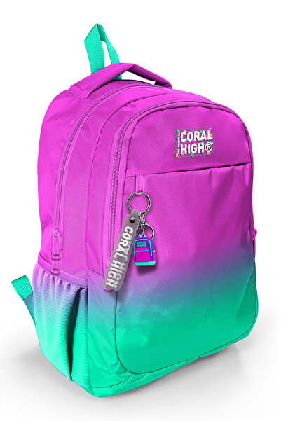 Coral High Pink Water Green Color Transition Three Compartment School Backpac...