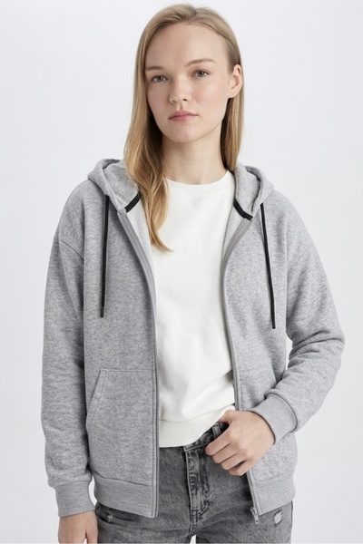 ASSAF Women's Gray Hooded Jacket Relax Fit Comfortable Cut Cotton 2-Ply Fleece Inside Double Pockets Zippered Cardigan