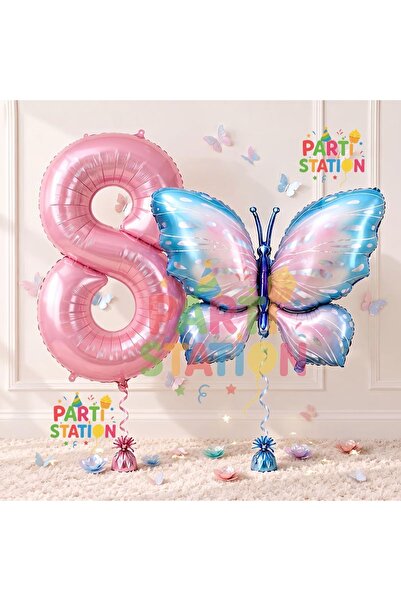 Parti Station Pink Blue Butterfly and Pink Number Balloon 8 Years Old Balloon...