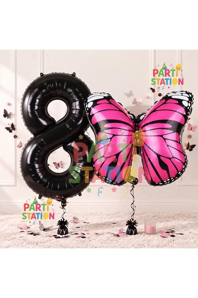 Parti Station 8 Year Old Pink Butterfly Balloon Set - Concept and Black Numbe...