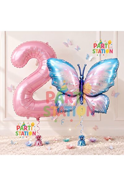 Parti Station Pink Blue Butterfly and Pink Number Balloon 2 Years Old Balloon...