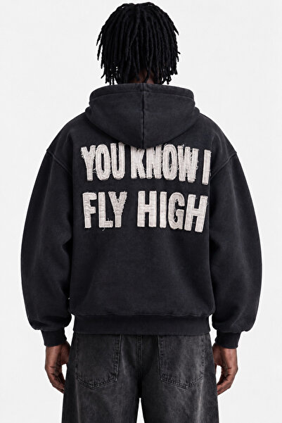 TWILIT Nakış Detaylı Oversize Hoodie Erkek Sweatshirt Kapüşonlu Unisex - Siyah