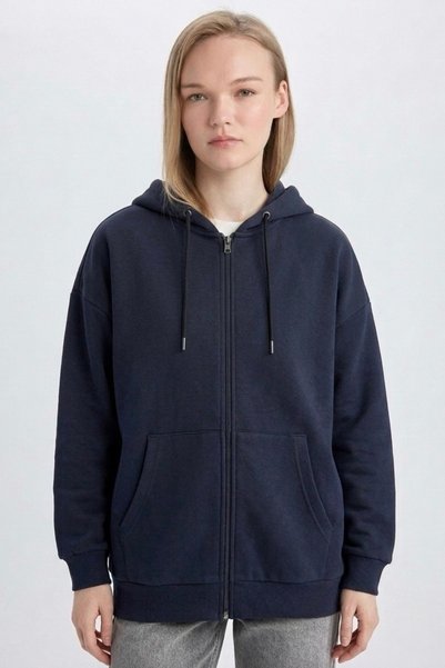 ASSAF Women's Navy Blue Hooded Jacket Relax Fit Comfortable Cut Cotton 2-Ply Fleece Inside Double Pockets Zippered Cardigan