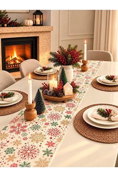 Decamor home New Year Themed Ecru Red Runner Christmas Table New Year's Table...