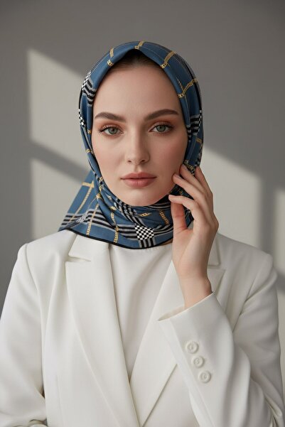 VİOLLA Twill Ekose Desenli İndigo Renkli 90x90 Eşarp (İpek İçermez) Kenar Dik...