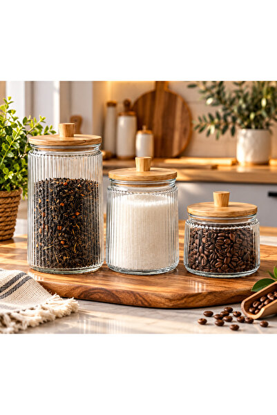 Pembelia Life 3-Piece Bamboo Vacuum Lid Glass Jar Set Tea Sugar Salt Jar Set
